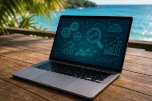 Laptop with data visualization on screen at the beach, symbolizing Percepio Tracealyzer Summer Offer 2025
