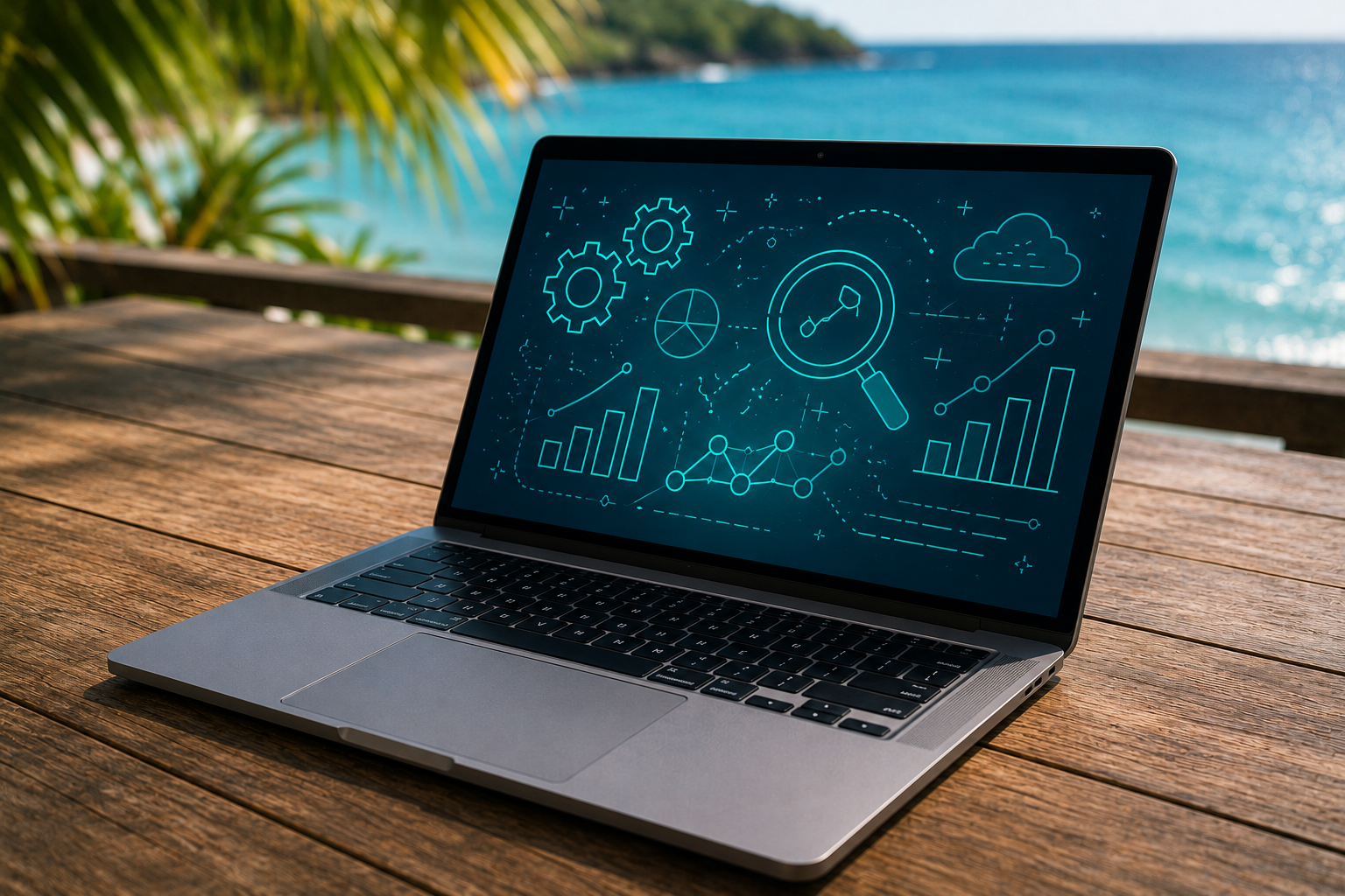 Laptop with data visualization on screen at the beach, symbolizing Percepio Tracealyzer Summer Offer 2025