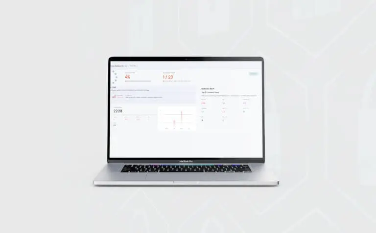 A MacBook Pro displaying a cybersecurity compliance dashboard titled ‘Cyber Resilience Act.’ The screen shows a compliance score of 4%, 1 of 23 requirements passed, and a critical risk level with 2,228 total vulnerabilities. A section on the right lists the top 8 software licenses used, including EPL, ISC, and Apache 2.0.