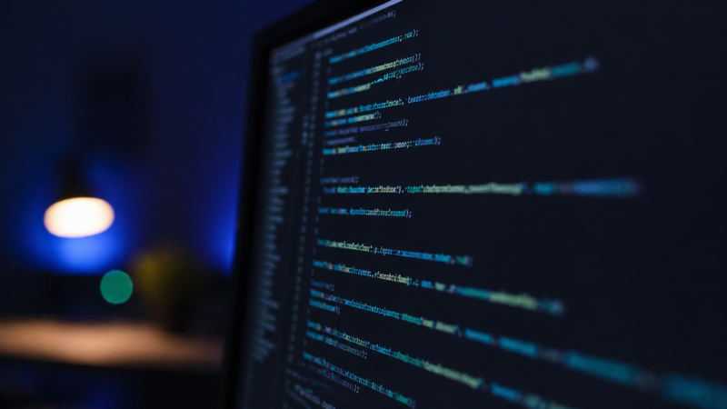Close-up of a monitor displaying lines of code in a dark developer workspace with teal and blue ambient lighting