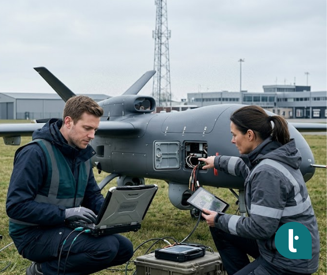 Two aerospace engineers inspect and diagnose an unmanned drone using embedded software tools and telemetry equipment at a European test facility.